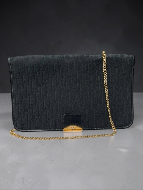 Dior Handbags - Christian Dior Vintage Oblique Trotter Chain Shoulder Bag Black Canvas Gold